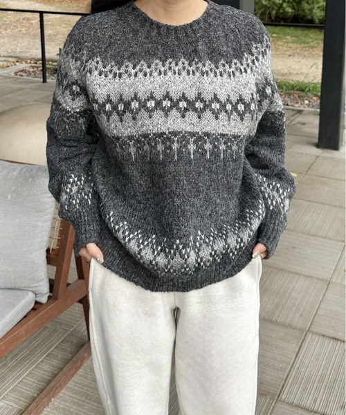LE MORE（リモア）の「ノルディックニットプルオーバー（ニット/セーター・レディース・グレー/アイボリー・FREE）」の11枚目の写真