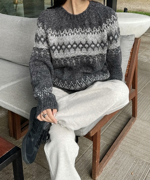 LE MORE（リモア）の「ノルディックニットプルオーバー（ニット/セーター・レディース・グレー/アイボリー・FREE）」の5枚目の写真