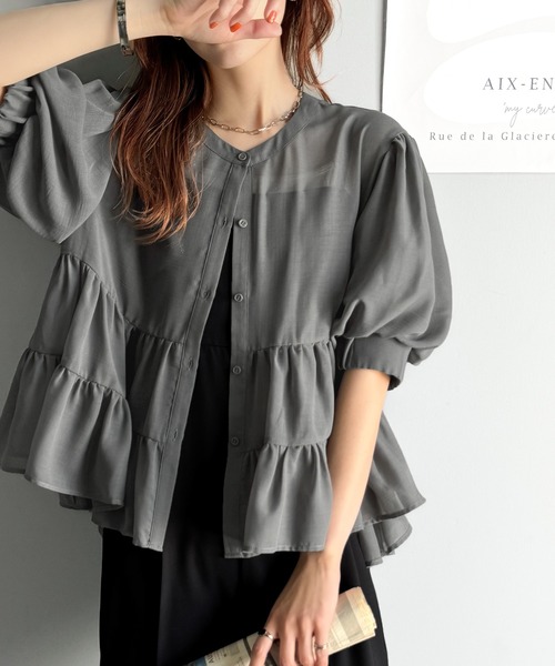 セール】ふんわりフリルで可愛さ倍増！2重ボリューム袖透けティアード