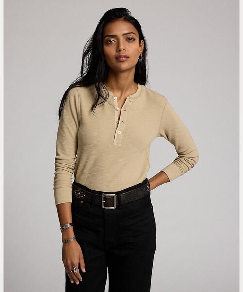 キムタク着用 RRL ガーメントダイド ワッフルニット 長袖 ヘンリーネック ガーメントダイド ワッフルニット ヘンリーネック シャツ（Tシャツ