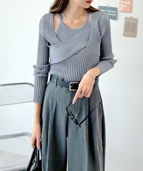 Futier land(フューティアランド)の「SET リブニットプルオーバー + ノースリーブニット(Tシャツ/カットソー・レディース・ブルーグレー/アイボリー/ブラック・LARGE/MEDIUM)」の4枚目の写真