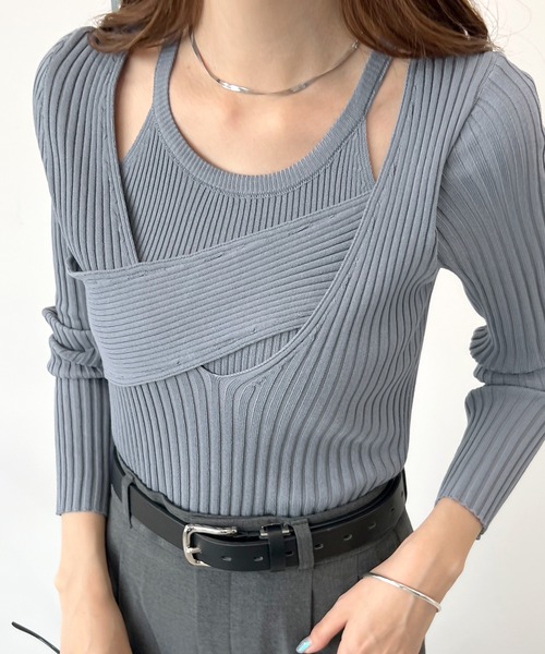 Futier land(フューティアランド)の「SET リブニットプルオーバー + ノースリーブニット(Tシャツ/カットソー・レディース・ブルーグレー/アイボリー/ブラック・LARGE/MEDIUM)」の6枚目の写真