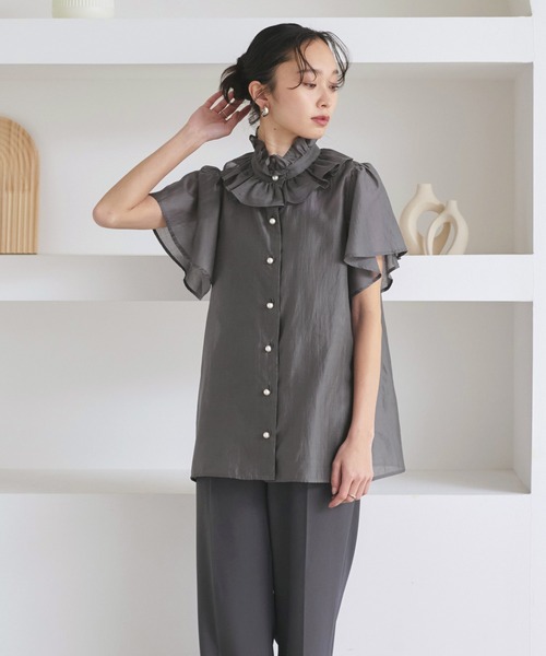 RUIRUE BOUTIQUE(ルイルエブティック)の「洗える | 選べる素材 ( シアー 無地 / ドット ) フリル スタンドカラー ブラウス | レディース オフィスカジュアル 通勤 半袖 おしゃれ きれいめ トップス シャツ(シャツ/ブラウス・レディース・ダークグレー/ホワイト系その他/グレー/ブラック系その他/ブラック/ピンク系その他・M/L)」の14枚目の写真