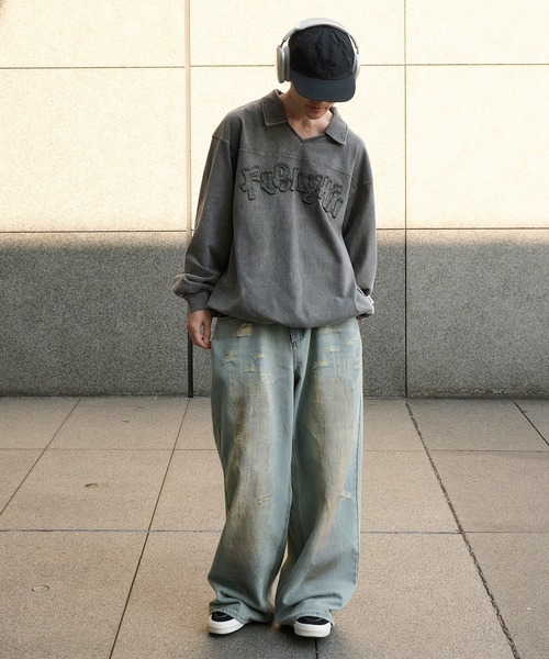 Perushu(ペルーシュ)の「Vintage like v neck polo longt shirt ヴィンテージライクVネックポロロンT(ポロシャツ・メンズ・ベージュ/ネイビー/ブラック/グレー・MEDIUM/LARGE)」の9枚目の写真