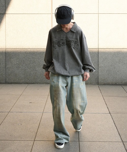 Perushu(ペルーシュ)の「Vintage like v neck polo longt shirt ヴィンテージライクVネックポロロンT(ポロシャツ・メンズ・ベージュ/ネイビー/ブラック/グレー・MEDIUM/LARGE)」の8枚目の写真