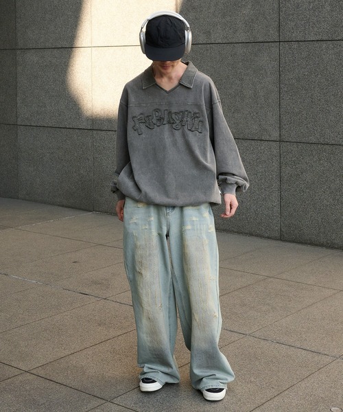 Perushu(ペルーシュ)の「Vintage like v neck polo longt shirt ヴィンテージライクVネックポロロンT(ポロシャツ・メンズ・ベージュ/ネイビー/ブラック/グレー・MEDIUM/LARGE)」の6枚目の写真