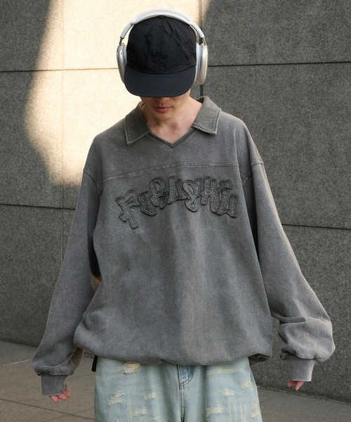 Perushu(ペルーシュ)の「Vintage like v neck polo longt shirt ヴィンテージライクVネックポロロンT(ポロシャツ・メンズ・ベージュ/ネイビー/ブラック/グレー・MEDIUM/LARGE)」の11枚目の写真