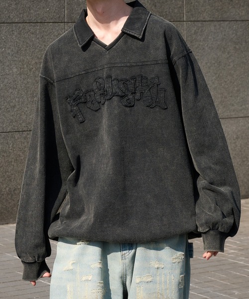 セール】Vintage like v neck polo longt shirt ヴィンテージライクV