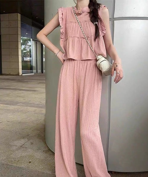 gossip!ロサンゼルス(ゴシップロサンゼルス)の「Y2K 楊柳風 フリルトップス パンツ 2点セット(その他トップス・レディース・ピンク/ブラック/オフホワイト・S/M)」の1枚目の写真