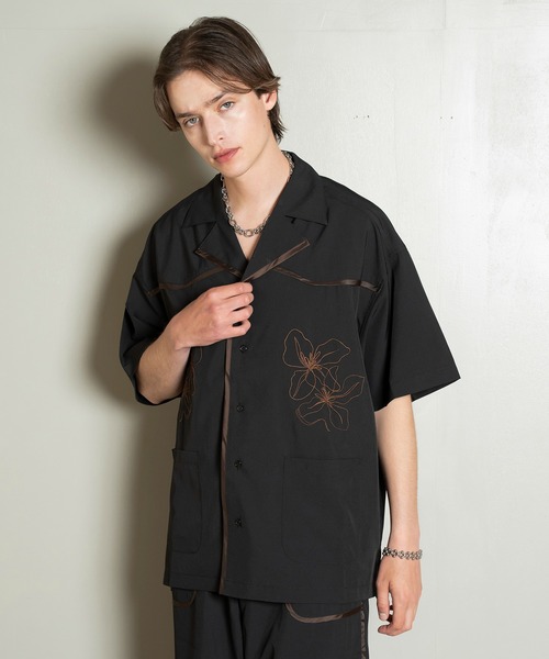 h　　刺繍　開襟シャツ　オープンカラー　ブラック　黒　バタフライ セール】West Side Modern Embroidery Open Collar Shirt/刺繍