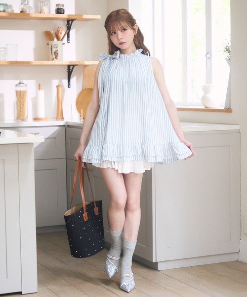 アトリエgg ブルーストライプワンピース　18号 セール 50%OFF】オリジナルレトロストライプワンピース