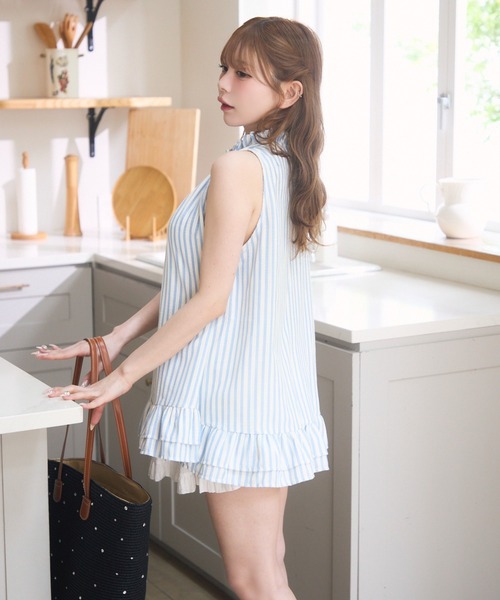 アトリエgg★ダイナーカフェ19ハーフ☆ブルー★ワンピース18 キャンディースリーブフラワープリントティアードワンピース