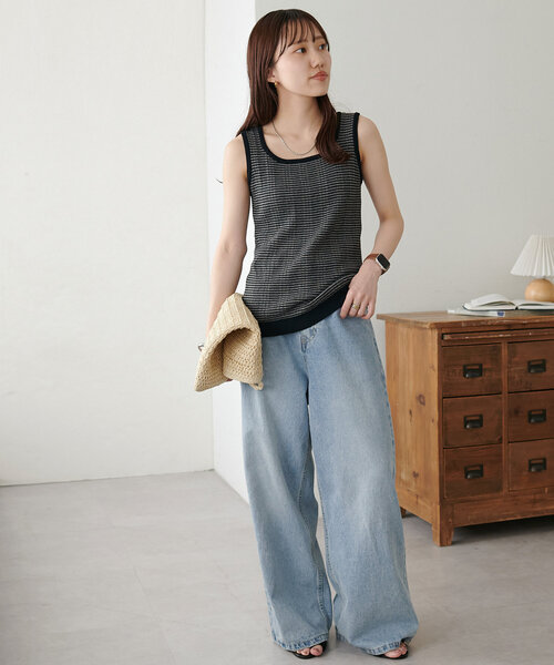 DISCOAT（ディスコート）の「【WEB限定】マルチボーダーニットタンク《前後2WAY》（タンクトップ・レディース・ベージュ/グリーン/ブラック・MEDIUM）」の4枚目の写真