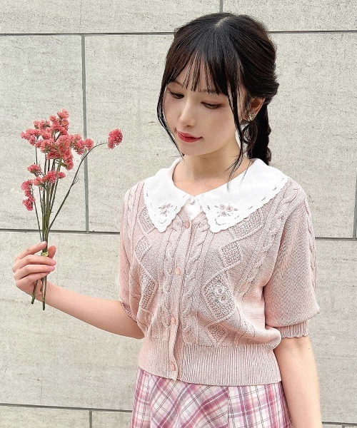 【洗える】リトルローズ 刺繍 サマーニット カーディガン セール】リトルローズ刺繍サマーニットカーディガン【お揃いの