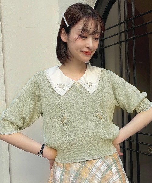 【洗える】リトルローズ 刺繍 サマーニット カーディガン セール】リトルローズ刺繍サマーニットカーディガン【お揃いの