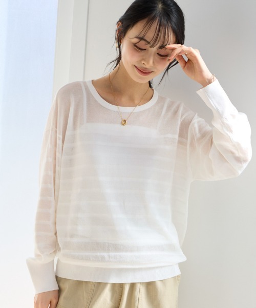 SMILE LAND（スマイルランド）の「〈大きいサイズ〉【アイスクリーンライト】シアーニットボーダートップス（接触冷感・毛玉になりにくい・洗濯機で洗える）（ニット/セーター・レディース・ライトグレー/ピンク/ミント/オフホワイト/ブラック・L/LL/3L/4L/5L）」の2枚目の写真