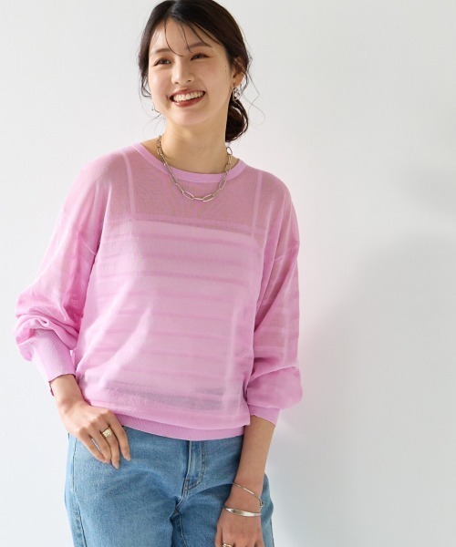 SMILE LAND（スマイルランド）の「〈大きいサイズ〉【アイスクリーンライト】シアーニットボーダートップス（接触冷感・毛玉になりにくい・洗濯機で洗える）（ニット/セーター・レディース・ライトグレー/ピンク/ミント/オフホワイト/ブラック・L/LL/3L/4L/5L）」の5枚目の写真