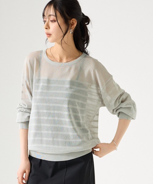 SMILE LAND（スマイルランド）の「〈大きいサイズ〉【アイスクリーンライト】シアーニットボーダートップス（接触冷感・毛玉になりにくい・洗濯機で洗える）（ニット/セーター・レディース・ライトグレー/ピンク/ミント/オフホワイト/ブラック・L/LL/3L/4L/5L）」の3枚目の写真
