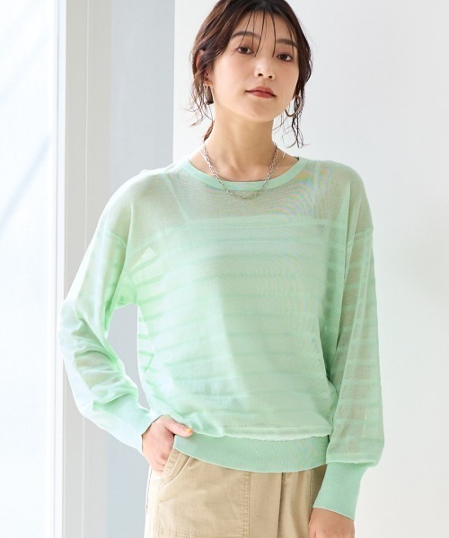 SMILE LAND（スマイルランド）の「〈大きいサイズ〉【アイスクリーンライト】シアーニットボーダートップス（接触冷感・毛玉になりにくい・洗濯機で洗える）（ニット/セーター・レディース・ライトグレー/ピンク/ミント/オフホワイト/ブラック・L/LL/3L/4L/5L）」の4枚目の写真