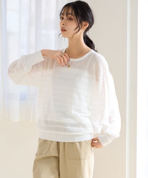 SMILE LAND（スマイルランド）の「〈大きいサイズ〉【アイスクリーンライト】シアーニットボーダートップス（接触冷感・毛玉になりにくい・洗濯機で洗える）（ニット/セーター・レディース・ライトグレー/ピンク/ミント/オフホワイト/ブラック・L/LL/3L/4L/5L）」の8枚目の写真