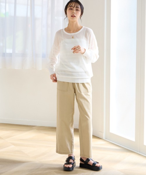 SMILE LAND（スマイルランド）の「〈大きいサイズ〉【アイスクリーンライト】シアーニットボーダートップス（接触冷感・毛玉になりにくい・洗濯機で洗える）（ニット/セーター・レディース・ライトグレー/ピンク/ミント/オフホワイト/ブラック・L/LL/3L/4L/5L）」の9枚目の写真