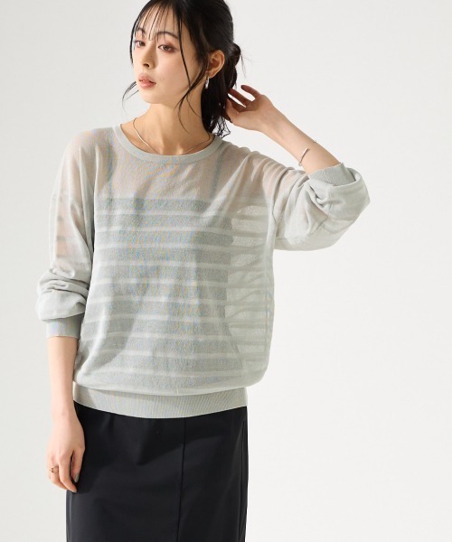 SMILE LAND（スマイルランド）の「〈大きいサイズ〉【アイスクリーンライト】シアーニットボーダートップス（接触冷感・毛玉になりにくい・洗濯機で洗える）（ニット/セーター・レディース・ライトグレー/ピンク/ミント/オフホワイト/ブラック・L/LL/3L/4L/5L）」の10枚目の写真