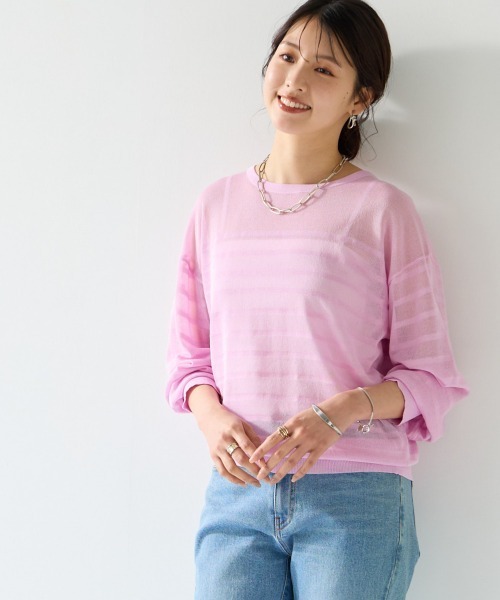 SMILE LAND（スマイルランド）の「〈大きいサイズ〉【アイスクリーンライト】シアーニットボーダートップス（接触冷感・毛玉になりにくい・洗濯機で洗える）（ニット/セーター・レディース・ライトグレー/ピンク/ミント/オフホワイト/ブラック・L/LL/3L/4L/5L）」の14枚目の写真