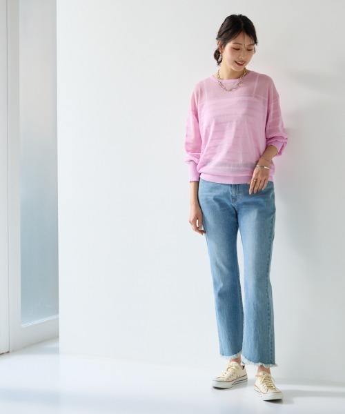 SMILE LAND（スマイルランド）の「〈大きいサイズ〉【アイスクリーンライト】シアーニットボーダートップス（接触冷感・毛玉になりにくい・洗濯機で洗える）（ニット/セーター・レディース・ライトグレー/ピンク/ミント/オフホワイト/ブラック・L/LL/3L/4L/5L）」の15枚目の写真