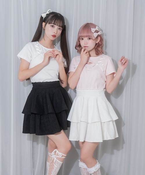 Honey Cinnamon（ハニーシナモン）の「リボンレース2段フレアスカート（スカート・レディース・ホワイト/ブラック・FREE）」の3枚目の写真