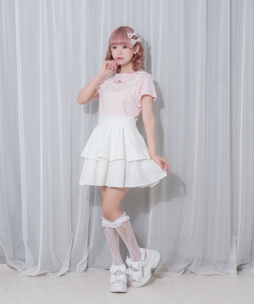 Honey Cinnamon（ハニーシナモン）の「リボンレース2段フレアスカート（スカート・レディース・ホワイト/ブラック・FREE）」の4枚目の写真