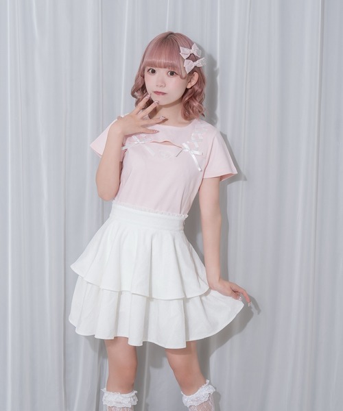 Honey Cinnamon（ハニーシナモン）の「リボンレース2段フレアスカート（スカート・レディース・ホワイト/ブラック・FREE）」の6枚目の写真