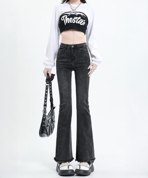 Miniministore（ミニミニストア）の「セミフレアデニムパンツ美脚フリンジパンツ（デニムパンツ・レディース・チャコールグレー/ブラック/サックスブルー/インディゴブルー・L/S/XL/M）」の3枚目の写真