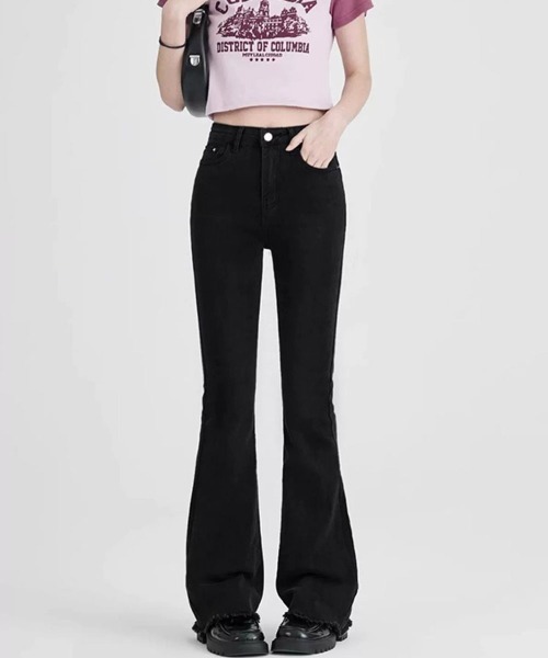 Miniministore（ミニミニストア）の「セミフレアデニムパンツ美脚フリンジパンツ（デニムパンツ・レディース・チャコールグレー/ブラック/サックスブルー/インディゴブルー・L/S/XL/M）」の9枚目の写真