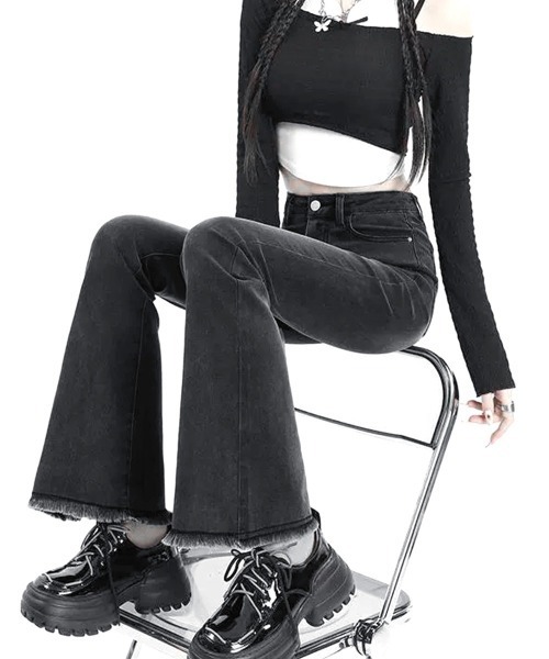 Miniministore（ミニミニストア）の「セミフレアデニムパンツ美脚フリンジパンツ（デニムパンツ・レディース・チャコールグレー/ブラック/サックスブルー/インディゴブルー・L/S/XL/M）」の13枚目の写真
