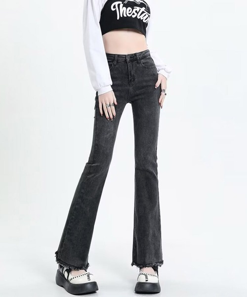 Miniministore（ミニミニストア）の「セミフレアデニムパンツ美脚フリンジパンツ（デニムパンツ・レディース・チャコールグレー/ブラック/サックスブルー/インディゴブルー・L/S/XL/M）」の15枚目の写真