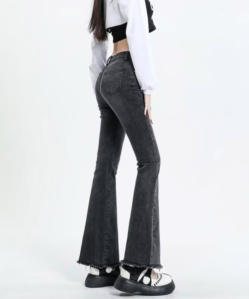 Miniministore（ミニミニストア）の「セミフレアデニムパンツ美脚フリンジパンツ（デニムパンツ・レディース・チャコールグレー/ブラック/サックスブルー/インディゴブルー・L/S/XL/M）」の16枚目の写真