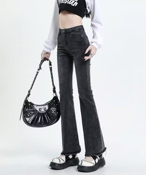 Miniministore（ミニミニストア）の「セミフレアデニムパンツ美脚フリンジパンツ（デニムパンツ・レディース・チャコールグレー/ブラック/サックスブルー/インディゴブルー・L/S/XL/M）」の17枚目の写真