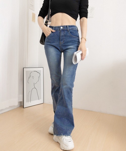 Miniministore（ミニミニストア）の「セミフレアデニムパンツ美脚フリンジパンツ（デニムパンツ・レディース・チャコールグレー/ブラック/サックスブルー/インディゴブルー・L/S/XL/M）」の21枚目の写真
