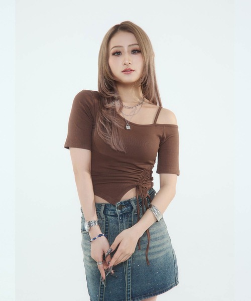 セール】ワンショルダーギャザーリボントップス（Tシャツ