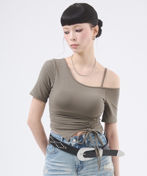 ワンショルダーギャザーリボントップス（Tシャツ/カットソー