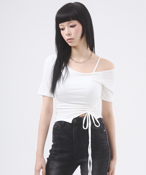 セール】ワンショルダーギャザーリボントップス（Tシャツ