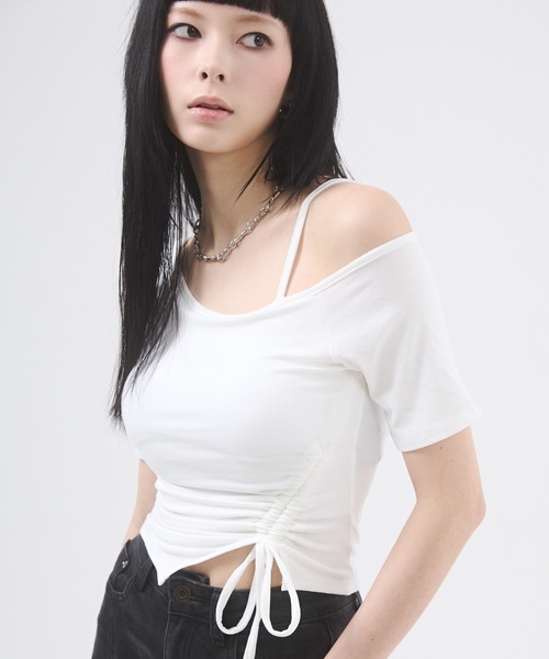 セール】ワンショルダーギャザーリボントップス（Tシャツ