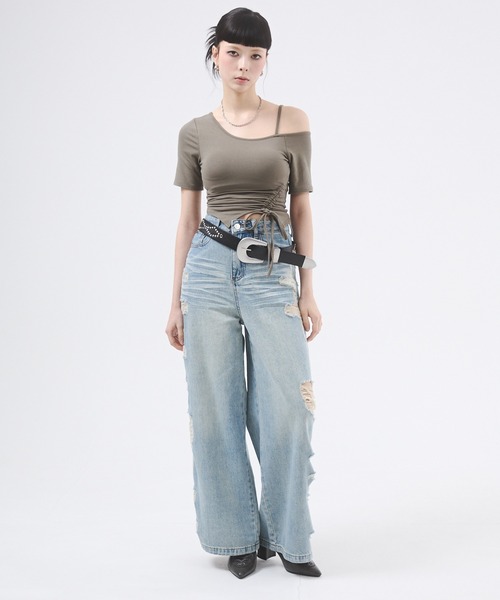ワンショルダーリボントップス 3color 】ストラップリボンワンショルサイドギャザートップス
