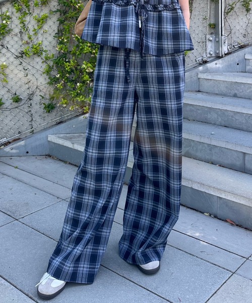 【セットアップ対応/インナーパンツセット】レイヤードチェックルーズパンツ