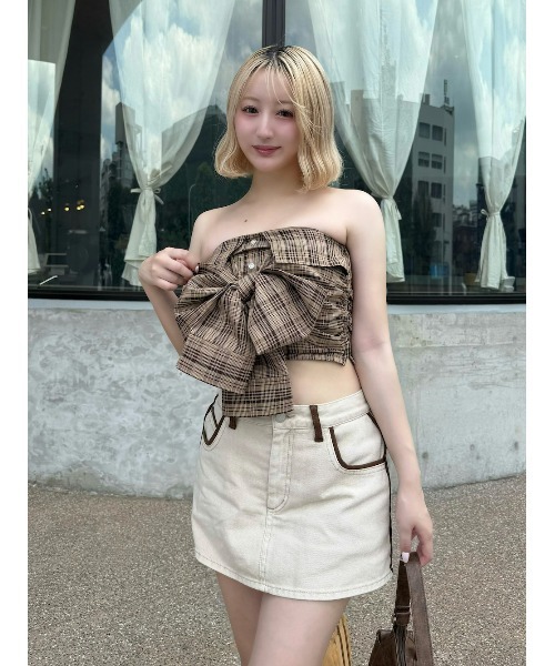 Darich タータンチェックリボンベアトップ BEG タータンチェックリボンベアトップ – Darich (ダーリッチ)