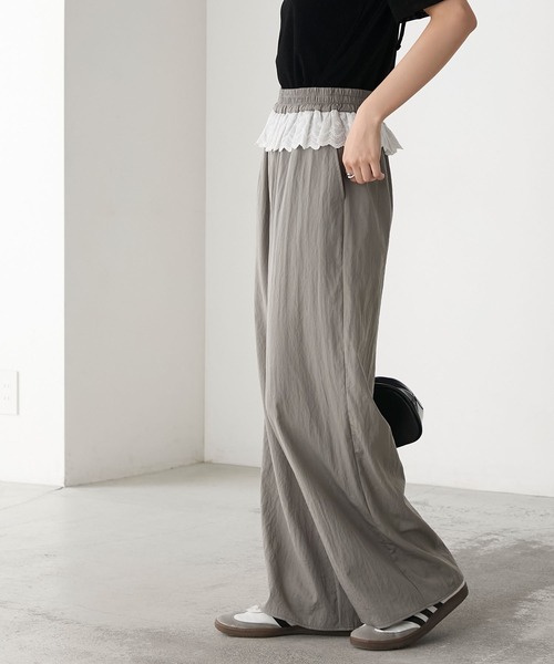 forksy.】ウエストフリルレースドッキングイージーワイドパンツ forksy