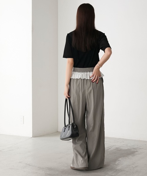 forksy.】ウエストフリルレースドッキングイージーワイドパンツ forksy