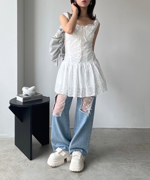 Jewelobe(ジュエローブ)の「コットンレースコルセットディテールチュニック(チュニック・レディース・ホワイト/ブラック/ピンク・FREE)」の9枚目の写真