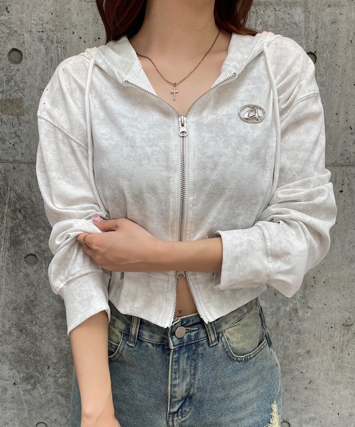 パーカー プレート付ショート丈ラメフードジップパーカー レディース セール】プレート付ショート丈ラメフードジップパーカー