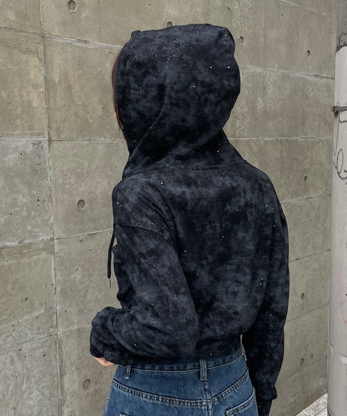 セール】プレート付ショート丈ラメフードジップパーカー（パーカー